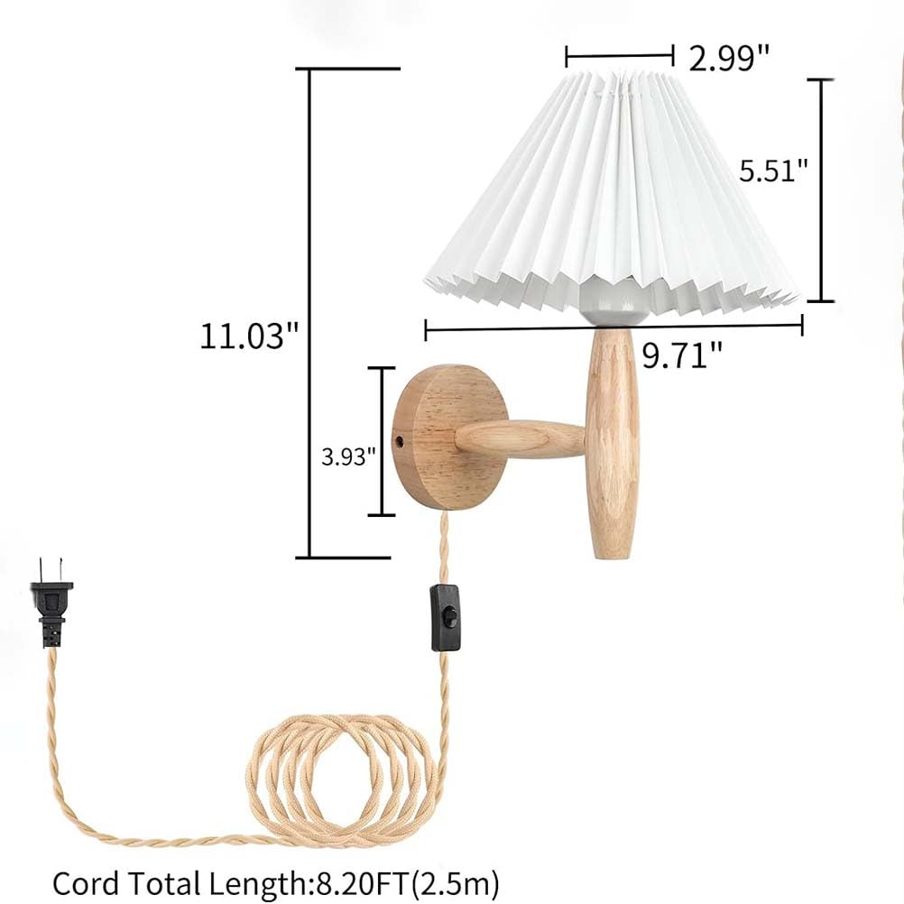 AoLa Holz Wandleuchte mit Weißer Stoffschirm E27 Vintage Wandlampe mit 2.5M Hanfseil Kabel und Schalter Plissiertem Design Nachttischlampe Innen Rustikal für Loft Schlafzimmer Wohnzimmer Flur,1 Stück