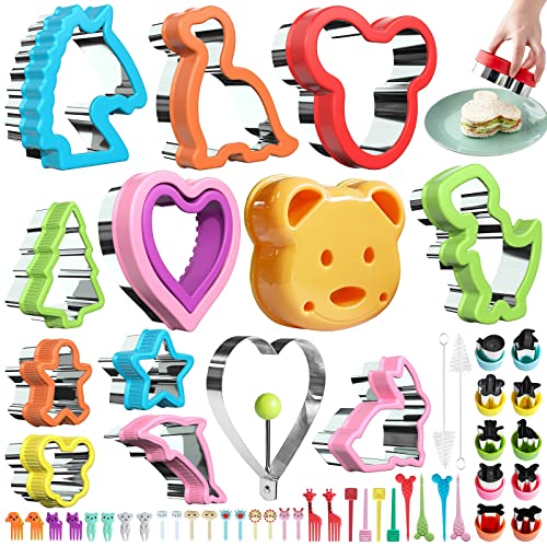 53stk Ausstechformen Set, Brot Ausstecher Set, Brotausstechformen für Kinder, Sanwich Gemüse Obst Ausstecher, Edelstahl, Komfortgriff Abnehmbar, Micky Maus Dinosaurier Formen (53 Pack) Cover