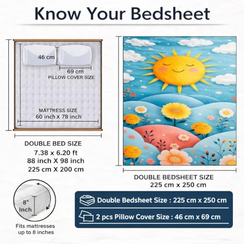 Image of Akshya Premium 300 TC Glace Cotton King Size Bedsheet, 7D Luxury Digital Print Soft Flat Sheet for Double Bed (90x100 inch, Blue Sunflower Cartoon Print