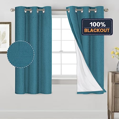 Image of PrinceDeco 100% Blackout Curtains 64 inch Long 2 Panels Set Linen Blackout Curtains for Bedroom Thermal Insulated Drapes with White Liner Privacy Protection,42 X 64 in,Blue Sapphire