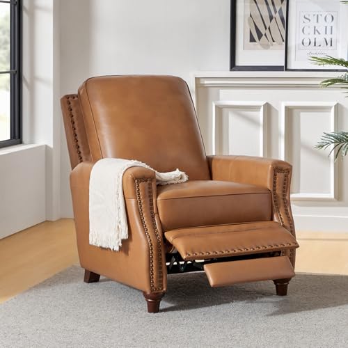 HULALA HOME Genuine Leather Manual Recliner Chair with Adjustable Backrest & Footrest, Mid Century Modern Push Back Recliner with Nailhead Trim & Wood Legs-for Living Room Home Theater, Camel - Image 4