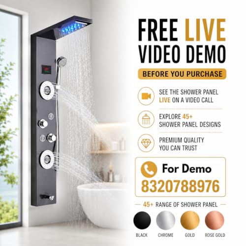 Image of 6-in-1 SS304 Shower Panel | Matte Black Finish | Waterfall & Rainfall Shower | Body Massage Jets | Hand Shower | Tub Spout | Hot & Cold Mixer (Black)