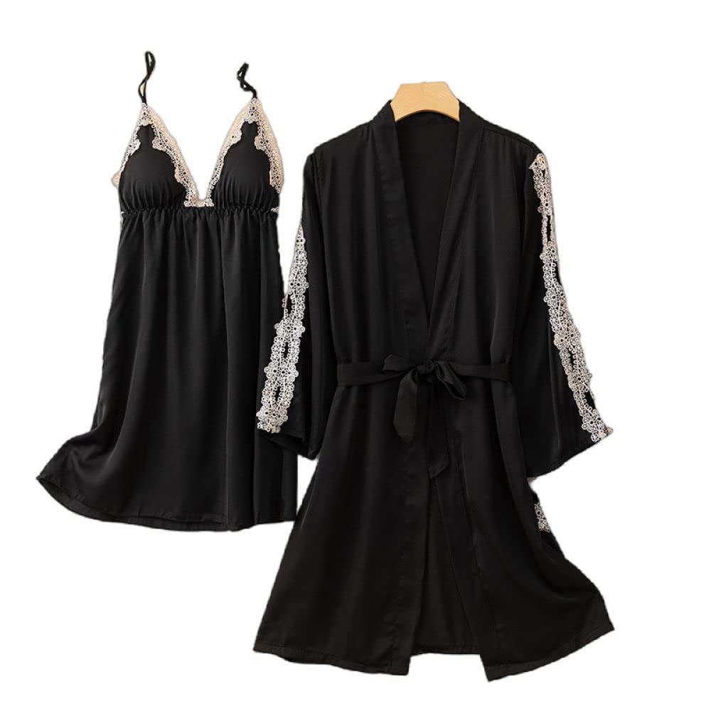 Pigiama Raso Donna,2 Pezzi Set Accappatoio In Raso Con Scollo A V Sexy Cuciture Floreali In Pizzo Vestaglia Camicia Da Notte Set Kimono Con Lacci Abito Pigiama Elegante Vestaglia Sposa Bademantel Da
