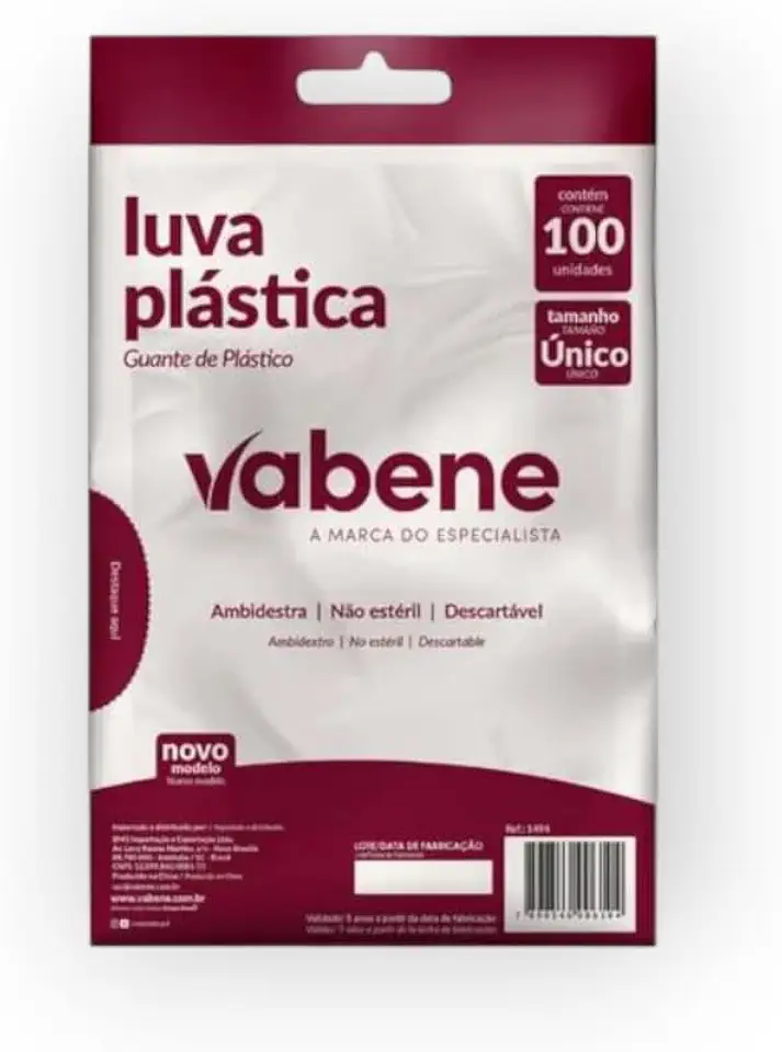Luva Plástica Descartável, Vabene, Tamanho Único, Pacote com 100