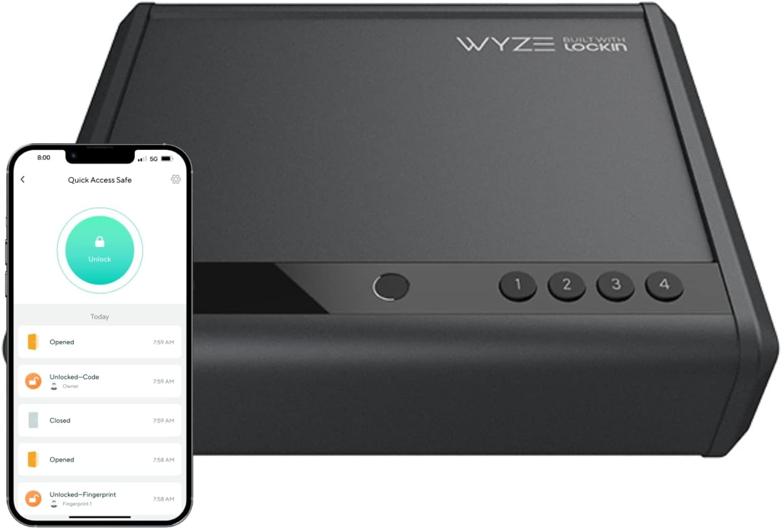 WYZE Gun Safe with Fingerprint Biometric Unlock, Secure Smart App Unlock and History, Secure Physical Key, WiFi Bluetooth, Interior Light, 12 Month Battery Life, Handgun, Firearm and Pistol Storage
