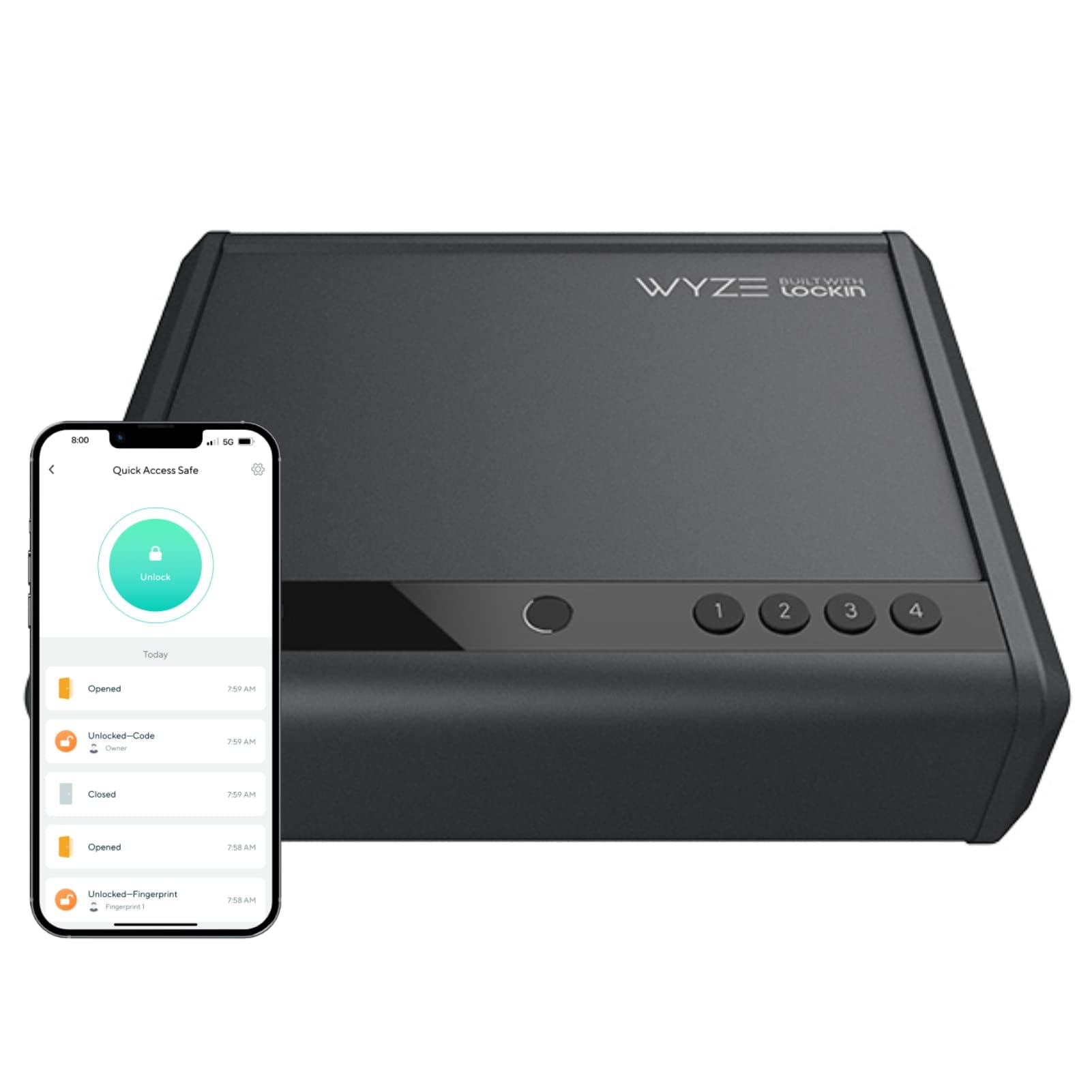 WYZE Gun Safe with Fingerprint Biometric Unlock, Secure Smart App Unlock and History, Secure Physical Key, WiFi Bluetooth, Interior Light, 12 Month Battery Life, Handgun, Firearm and Pistol Storage