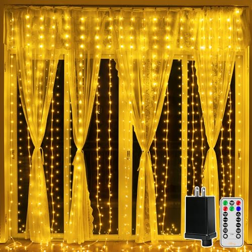 Ollny Curtain Lights 300LED 9.8ftx9.8ft, Connectable IP67 Waterproof Outdoor Curtain String Lights with Remote, Plug-in Untangle Fairy Lights with 8 Modes 3 Timers for Wall Backdrop Decor(Warm White)