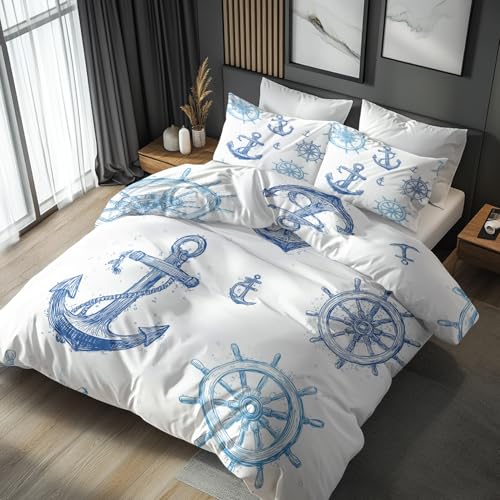 NOGAWA Anchor Super King Size Duvet Cover Sets - Coastal Nautical Bedding Set - Reversible Quilt Cover & 2 Pillowcases with Zip and Ties, Ultra Soft and Non Iron Brushed Microfibre Bed Set