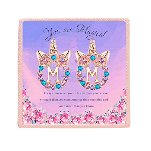 Cute Initial Unicorn Hypoallergenic Stud Earrings Rhinestone Initial Letter Stud Earrings for Girls Unicorns Jewelry Gifts for Kids2