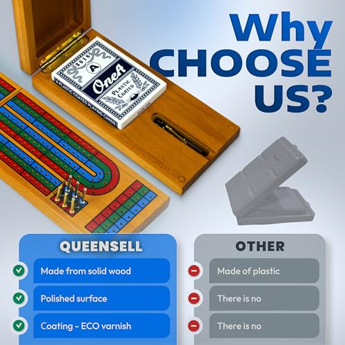Cribbage Board Game Set with Storage - Classic Game Travel Cribbage Board with Wooden Card Storage for Adults & Kids - Ideal for Game Night by Queensell - Image 4