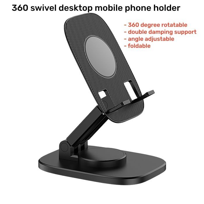 Image of WALLVIEW TECH 360 Aluminum Mobile Stand for Desk, Foldable Design with Stable Rotational Metallic Round Base, Multiple Height & Angle adjustments for Smartphones, Tablets & iPad (Black)
