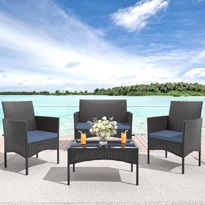 Knnbxa 4-Piece Patio Furniture Set Outdoor Rattan Furniture Patio Conversation Set for Patio, Backyard, Porch, Poolside w/Coffee Table-Dark Blue