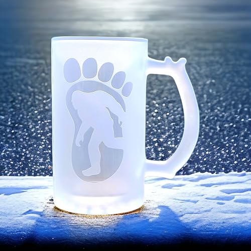 Bigfoot Frosted Blizzerd Glass Beer Mug,16oz. Handmade Deep Carved Blasted Engraving, with Bigfoot inside,Sasquatch foot print, Custom Beer mug Sports beverage mug. Unique Bigfoot Gift.