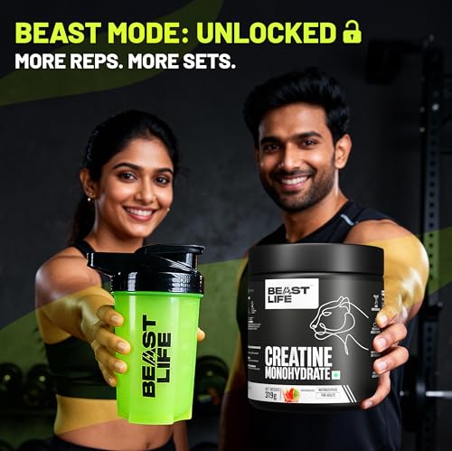 Image of BeastLife Micronised Creatine Monohydrate with Free Shaker | 319 g | 86 Servings | Watermelon | NABL Lab Tested | Rapid Absorption for Muscle Strength & Athletic Performance | Super Micronised Creatine Powder