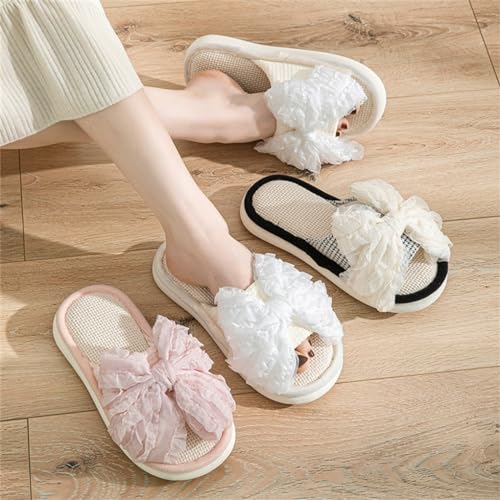 women's cute bow slippers, home linen cotton anti slip open toe home shoes, soft soled bedroom slippers4