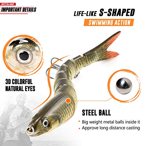watalure Bass Fishing Lure, Pack of 3, 8 Segment Lifelike Multi Jointed Swimbait Slow Sinking Glidebait for Bass Trout Freshwater Saltwater
