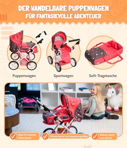Bayer Chic 2000® 3in1 Kombi Puppenwagen Leni – Butterfly Koralle - faltbar, höhenverstellbarer Griff 43-67 cm, Tragetasche – Puppen bis 46 cm, ab 3 J. – Bild 3