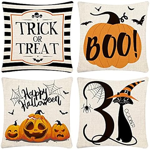 Halloween Pillow Covers 18x18 Set of 4 Trick or Treat Pillow Covers Happy Halloween Linen Sofa Bed Throw Cushion Cover Decoration Cover