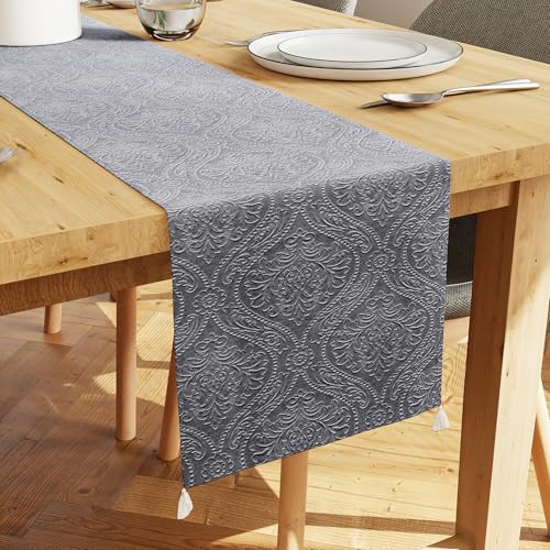 Image of Encasa XO 4 to 6 Seater Dining Embossed Velvet Table Runner | Size 32x183 cm | Grey Color with Premium Polyester - Machine Washable