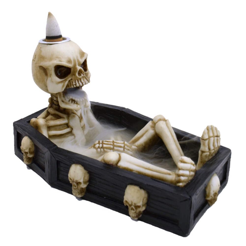 Puckator Multicolor Skeleton In The Coffin Backflow Incense Burner - Home Zen Meditation Decor Accessories - Incense Waterfall Cone Burner - Spiritual Feng Shui Gothic Goth Relaxation Gifts Gift Desk Ornaments