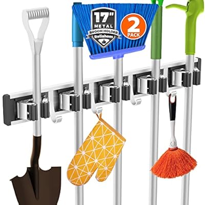 reliahom 2 Pack Broom Holder Mop Hanger Wall Mount Metal Organization Garage Storage System Garden Kitchen Tool Organizer(5 Racks with 4 Hooks, Black)