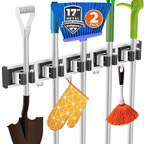 Image of reliahom Broom Holder Wall Mount Mop Hanger Tools organizer 5Racks4Hooks,2P | Adjustable Mop Broom Wall Hanging Heavy Duty Tools Storage Rack Space-saving for Garage,Kitchen,Laundry Room,Garden, Black