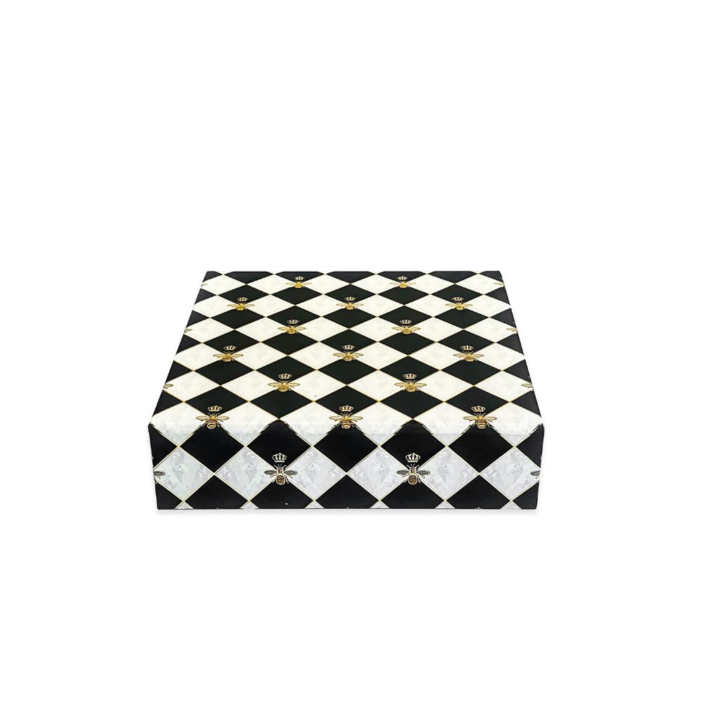 IZZHAAR Gingham Bee Wooden Sweet Box with Lacquered Top (1kg), Elegant Multi-Purpose Designer Empty Mithai Box for Wedding Gifts & Snacks Packaging