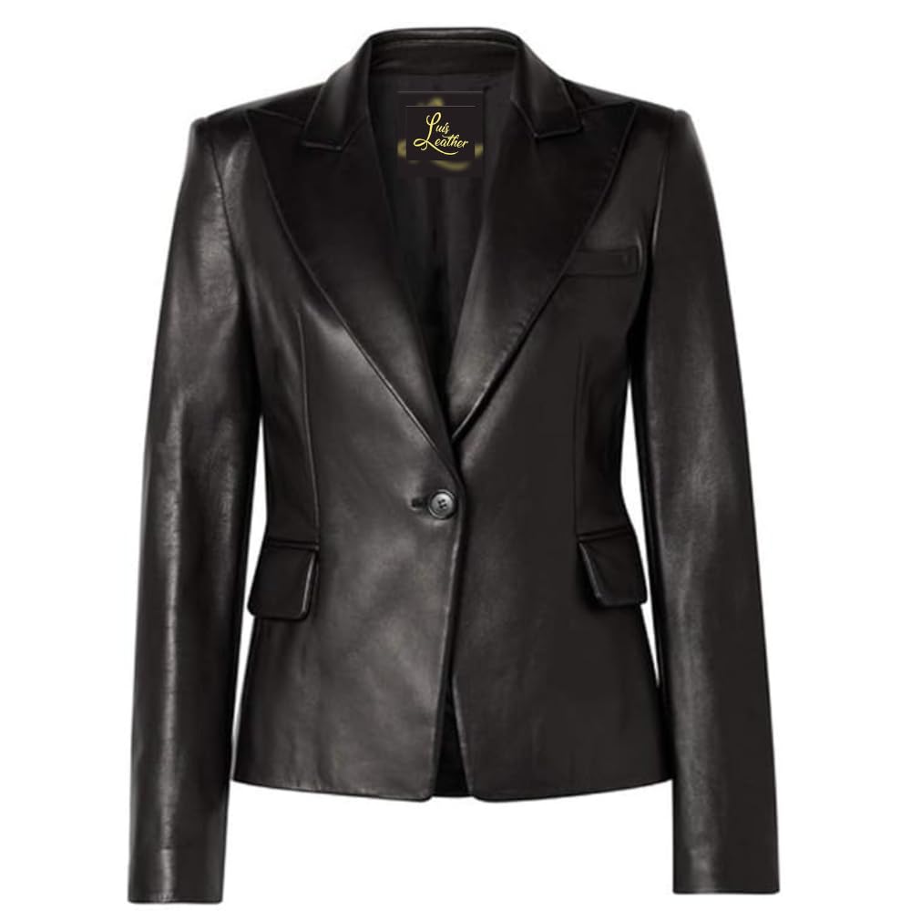 Luis Leather Double Breasted Corporate Blazer Coat for Women Real Lambskin Sooty Black Jacket for Office Meeting