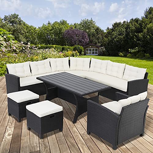 Casaria Polyrattan Ecklounge WPC Esstisch Eckbank 2 Hocker 1 Sessel 15cm Kissen 7cm Auflagen Wetterfest Outdoor Garten… – Bild 3