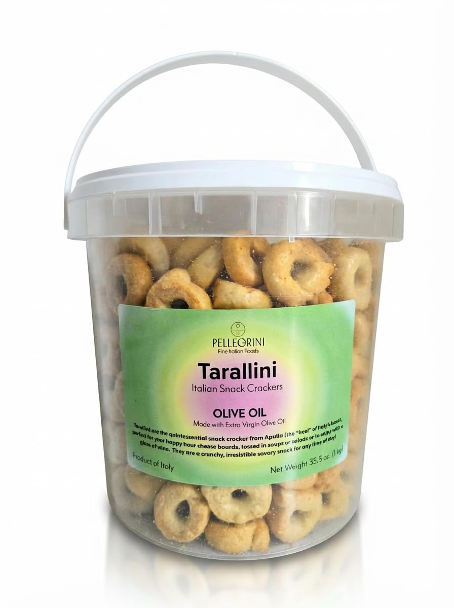 Tarallini Italian Snack Crackers - Family-Size Freshness-Saving Bucket - All Natural, Oven Baked Crunchy Crackers from Puglia made with Clean Ingredients including Extra Virgin Olive Oil - Cholesterol Free - 100% Made in Italy - Savory mini Taralli crackers from Italy - Perfect for Charcuterie Boards, Wine Tastings, Soups, Salads, Parties, School Lunches