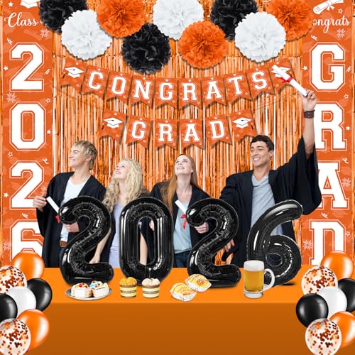 Image of Graduation Party Decorations Class of 2026, Graduation Decorations with Congrats Grad Banner Fringe Foil Curtain Paper Flower Ball Balloons for High School College Graduation Party Supplies, Orange
