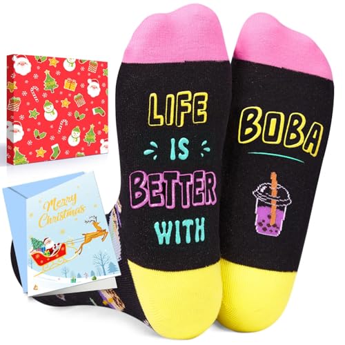 HAPPYPOP Christmas Boba Gifts - Greeting Card for Boba Lover, Funny Drink Socks for Women Men