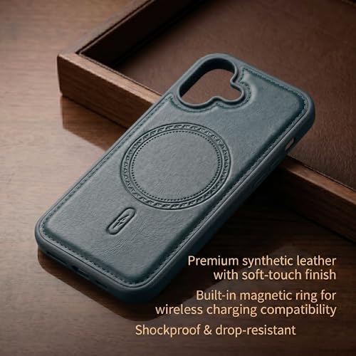 Image of amazon basics Premium PU Leather Case for iPhone 16, MagSafe Compatible Magnetic Ring, Sleek Protective Back Cover - [Blue]