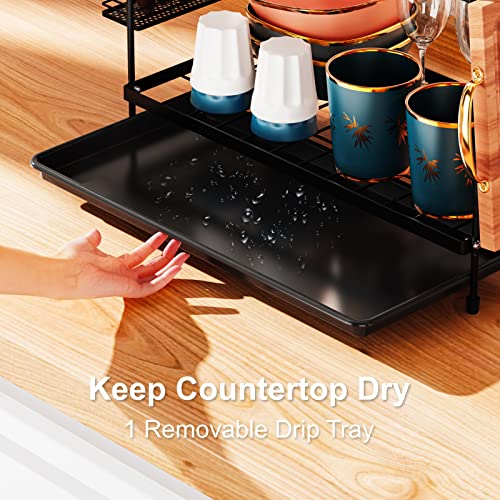 iSPECLE 2 Tier Dish Drainer, Dish Drying Rack with Drip Tray, Sink Draining Board with Utensil Cutting & Board Holder for Kitchen Counter(Black Round) - Image 5