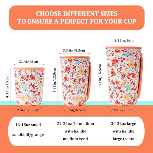 Image of KJQJLY 3 Pack Reusable Iced Coffee Sleeves for Iced Coffee Cups or Drinks Reusable Neoprene Insulated Sleeves for Hot and Cold Drinks from Starbucks, Dunkin, And More (Light orange floral)