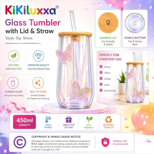 Image of KiKiluxxa Butterfly Glass Tumbler 450ml with Bamboo Lid & Glass Straw | Reusable Coffee Cup for Juice, Bubble Tea, Smoothies, Milkshake & Water (Butterfly Clour Green /Pink)