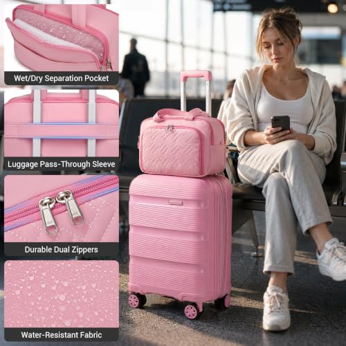 Image of Kono Airline Approved Suitcase Set 2 Pieces, Pink | 22x14x9 Lightweight PP shell Smooth 360 Spinner Wheels with TSA lock for Short Trips