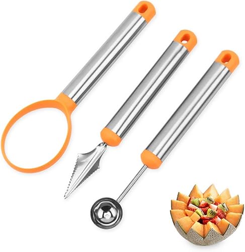 Juego de tres piezas de cuchillo para tallar frutas de acero inoxidable, cuchara de fruta, bola de sandía, pelador de melón Hami, utilizado para