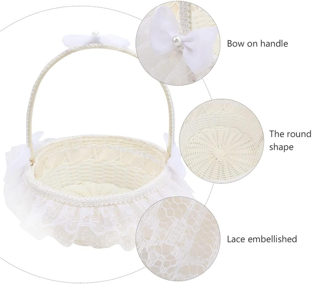 Flower Wedding Girl Baskets Storage Lace Rattan Wicker White Woven Picnic Weddings