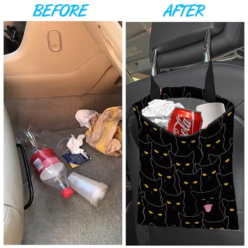 Image of Car Trash Bag Hanging Black Cats Car Trash Can Waterproof Garbage Bag Hanging for Car Back Seat