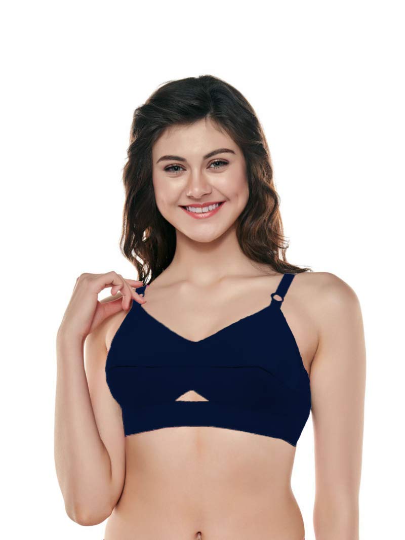 ANGELFORM Women's Cotton Non Padded Wire Free Full-Coverage Round-Stitch Bra (8904331201070_Navy Blue _32)
