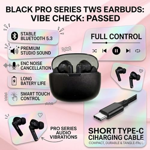 Image of Bluetooth 5.3 Wireless Earbuds with ENC Noise Cancellation, Premium Studio Sound, Smart Touch Control, Long Battery Life, Type-C Charging, Deep Bass TWS Earphones (Black)