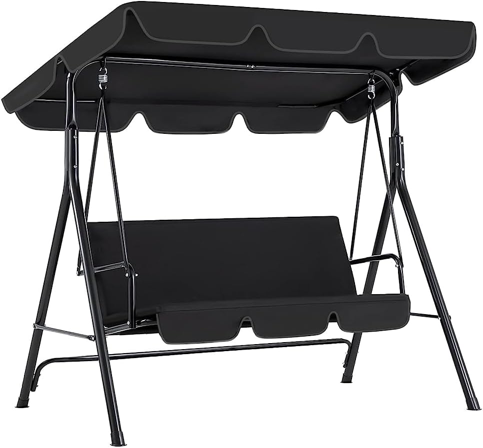AECOJOY Porch Swing with Stand, Outdoor Swings for Adults, 3-Seat Outdoor Swing with Canopy, Outside Swing Bench with Removable Cushion, Suitable for Backyard, Garden, Yard, Poolside, Balcony (Black)
