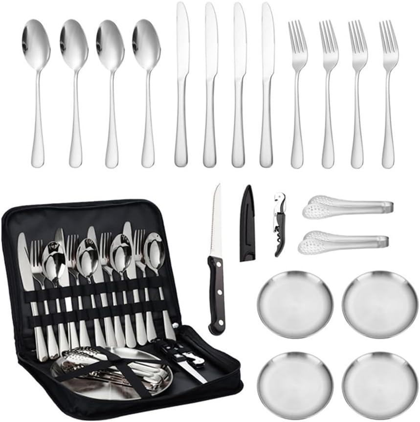 20 Pcs Camping Mess Kit Stainless Steel Outdoor Travel Kitchen Tableware Dinnerware Set for Hiking, Camp, BBQ,Silver
