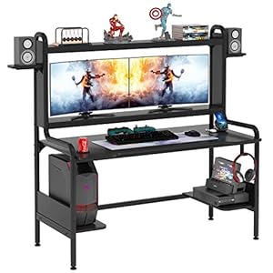 TIYASE Gaming Desk with Monitor Stand, Computer Desk with Hutch and Storage Shelves, Large PC Gamer Desk, Workstation Table with Cup Holder, Headphone Hook, Speak Stands, Black, 55 Inch