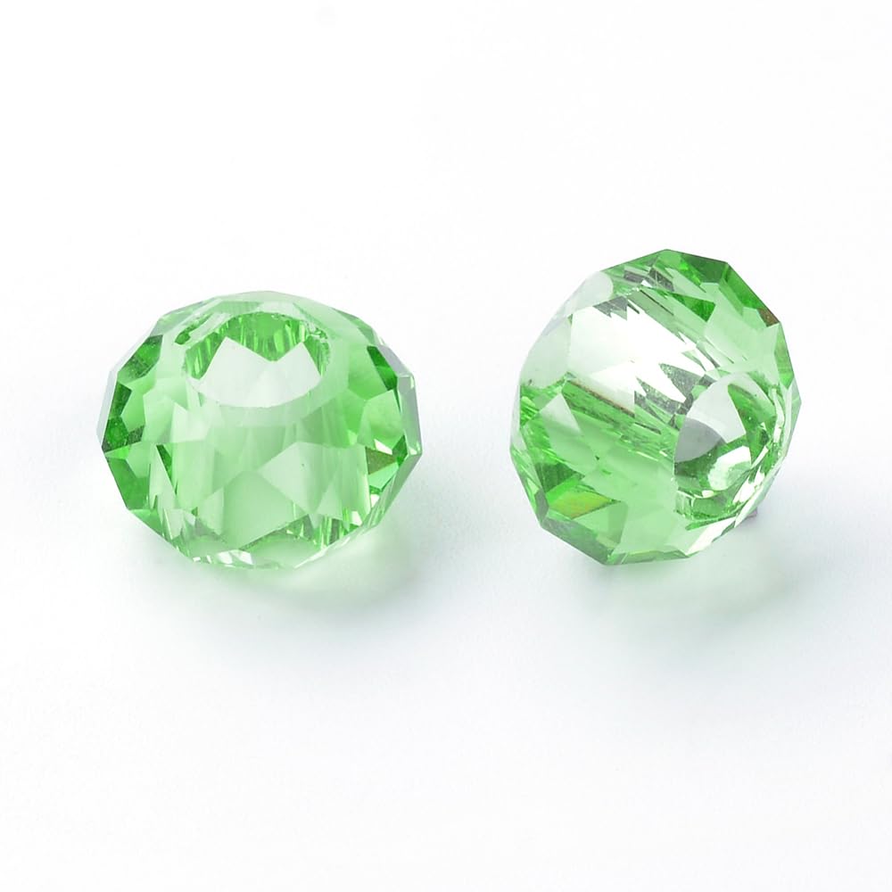 Beadthoven 100pcs Glass European Beads 5mm Large Hole Faceted Rondelle Bead 14x8mm No Metal Core Fit for Snake Chain Bracelet Necklace Jewelry Making, Light Green