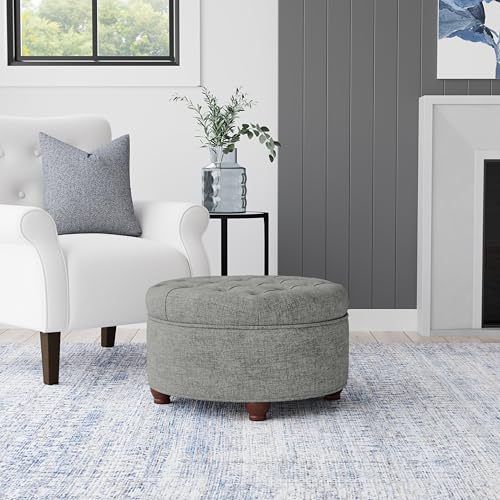 Image of HomePop 25 inch Button Tufted Round Storage Ottoman - Gray Woven