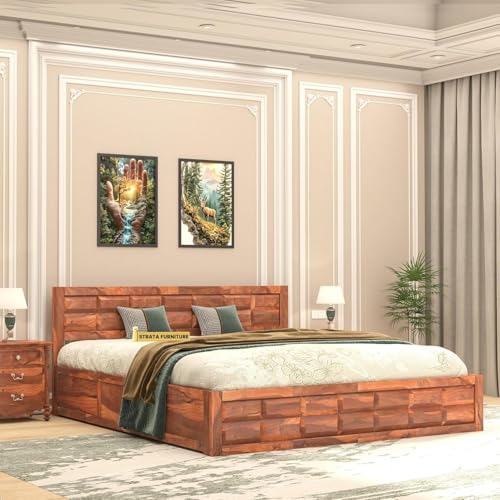 Image of STRATA FURNITURE Solid Sheesham Wood Queen Size Bed with Box Storage | Wooden Double Bed Cot Palang Furniture for Bedroom Living Room Home (Honey Finish)