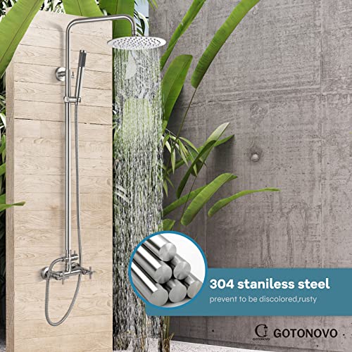 Gotonovo Outdoor Shower Faucet Sus304 Shower Fixture System Combo Set Double Cross Handle Rainfall Shower Head High Pressure Hand Spray Wall Mount 2 Function Brushed Nickel 8 Inch #TOP1