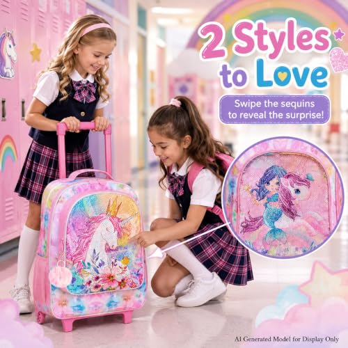 Image of CCJPX 3PCS Kids Rolling Backpack for Girls, Unicorn Sequin Roller Wheeled Bookbag Toddler Elementary School Bag with Wheels